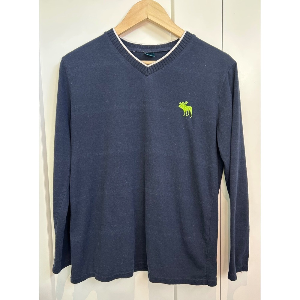 Abercrombie & Fitch XL Navy Blue V-Neck Long Sleeve Cotton Shirt Neon Moose